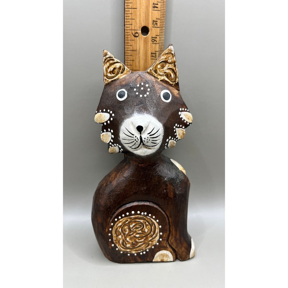 Trio of Brown Wooden Carved Standing Kitty Cat Folk Art Figurines Boho Vtg - Picture 3 of 10